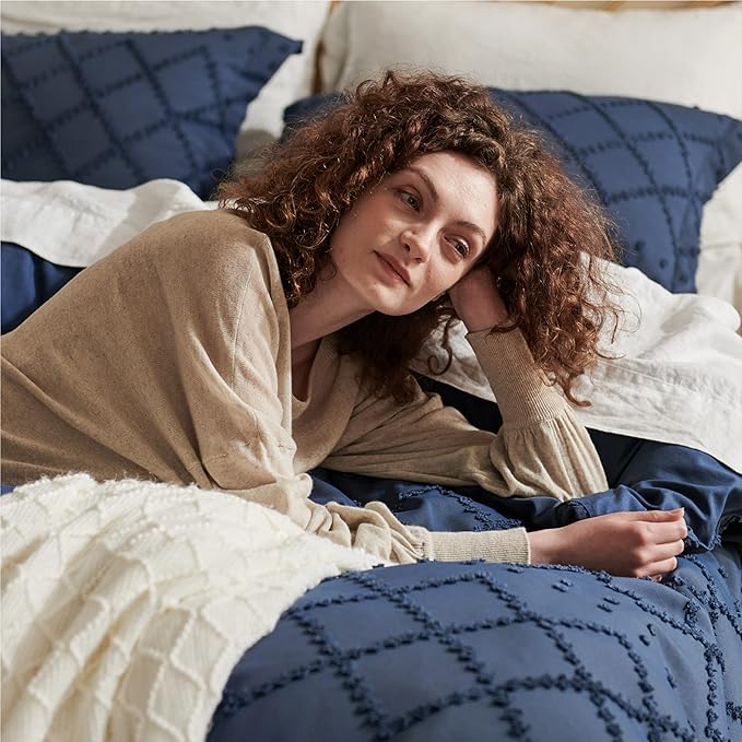 Bedsure Boho Duvet Cover Full Size - Navy Breathable & Soft Boho Bedding, Machine Washable Comforter Cover for All Seasons, Includes 1 Duvet Cover 80"x90" with 2 Pillow Shams & Zipper Closure