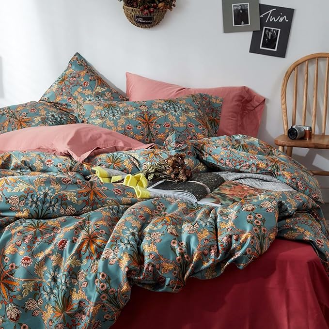Vintage Style Garden Flower Duvet Cover Set King Boho Floral Long Staple Cotton Comforter Cover Luxury Soft Green Golden Floral Bedding Set Boho Farmhouse Bohemia Duvet Cover with 2 Pillowcases