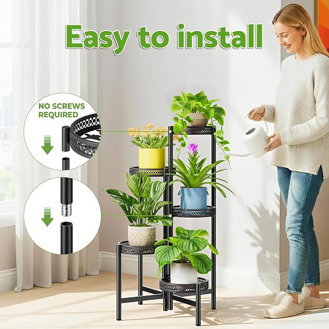 Plant Stand Indoor Outdoor, 5 Tier Corner Metal Flower Display Holder Shelf, Folding Tall Rack for Patio Balcony Porch Garden Living Room House, Heavy Duty Wrought Iron Plant Shelf- BlackWave