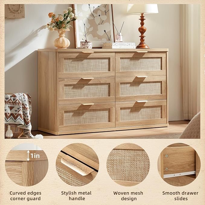 LEYAOYAO Rattan Dresser for Bedroom Set of 2, Boho 48" Wide 6 Drawer Dresser Chest of Drawers, Natural Wood Dressers TV Stand with Metal Handle, Storage Dressers Organizer for Living Room, Hallway