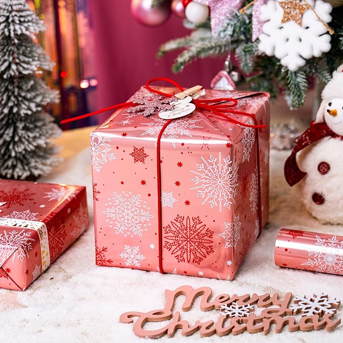 MAYPLUSS Pink Christmas Wrapping Paper Roll - 17IN X 33FT - Christmas Gift Wrapping Paper Featuring White Snowflake Reversible Gold for Kids, Holiday, New Year