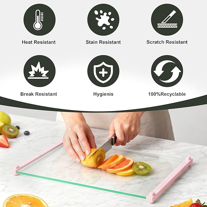2PCS Glass Cutting Board with Silicone Grip, 80% Stronger Shatter Resistance and Slip Resistance,No Scratches/Microplastic-Free,Dishwasher Safe, Non Toxic Chopping Board for Kitchen (Pink)