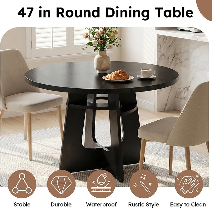 47" Round Dining Table for 4-6 Black, Farmhouse Wood Circle Dinner Table, Modern Wooden Circular Dinner Tables Easy Assembly for Dining Room/Kitchen/Living Room/Apartment (Table Only)