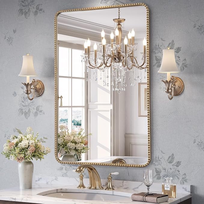 24"x36" Champagne Bronze Mirrors for Bathroom, Brass Vintage Bathroom Wall Mirror with Beaded Frame, Gold Beaded Mirror for Vanity Ornate Bedroom