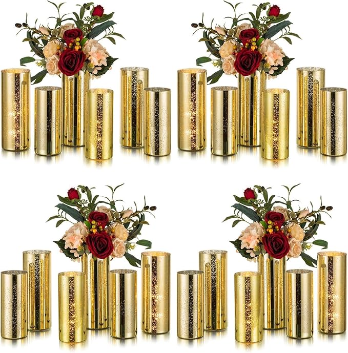 Glasseam Gold Cylinder Vases for Centerpieces: 24 Modern Mercury Hurricane Glass Vase Set for Flowers - Decorative Golden Pillar Candle Holders for Wedding Party Dining Room Table Decor