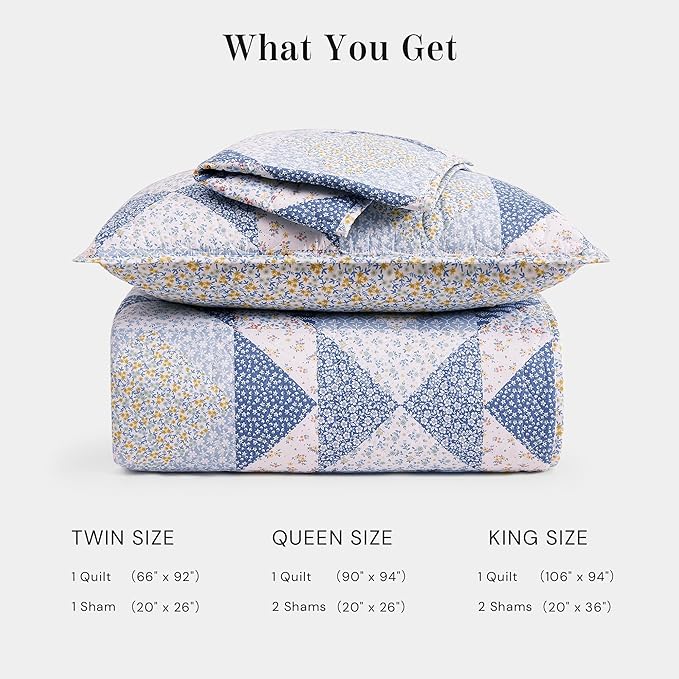 Quilt Set Queen Size, Patchwork Blue Marigold Floral Quilt Sets, Reversible Bedspread Lightweight and Breathable for All Seasons, Soft Quilted Bedspread with 2 Pillow Shams
