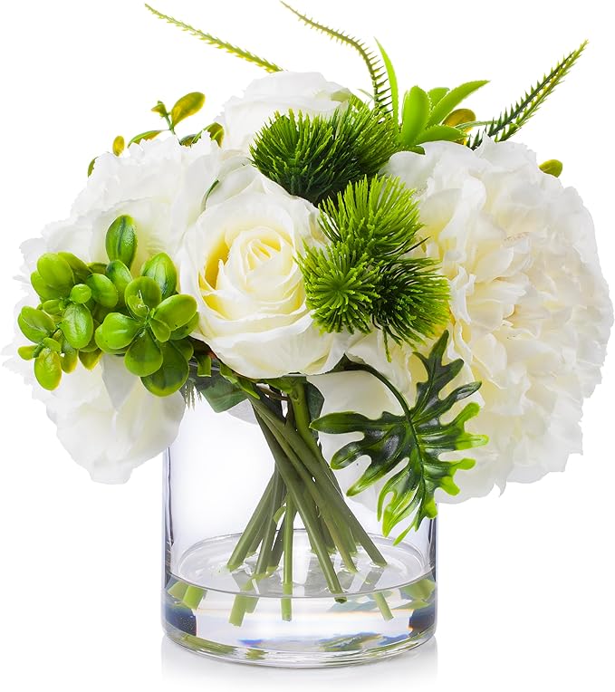 ENOVA FLORAL Artificial Rose Flowers in Vase, Mixed White Rose and Silk Peonies in Vase with Faux Water for Dining Table Centerpieces, Home Decor Indoor (FL-20-Cream)