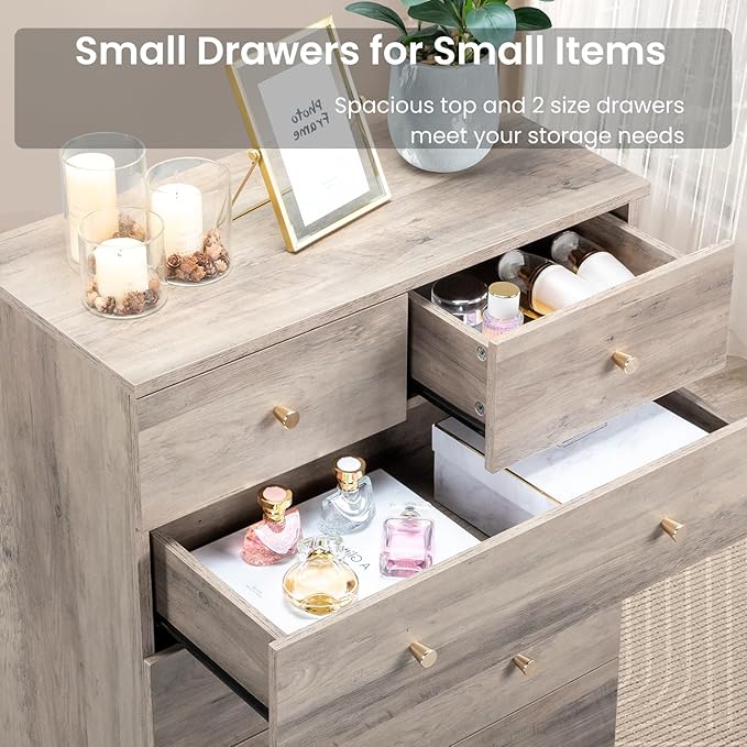 Karl home Grey 4 Drawer Dresser for Bedroom, Modern Wood Dresser Chest of Drawers, Rustic Bedroom Dressers Nightstand, Anti-Tipping Device, Rose Gold Metal Handle, Living Room, Hallway, Office