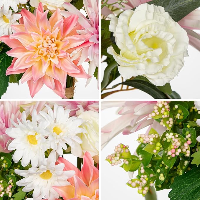 Briful Artificial Flowers Bouquet for Decoration, Silk Flowers Arrangements with Dahlia & Daisy Mums Fake Floral Stems for Home Vase Table Centerpiece Wedding Party Decor