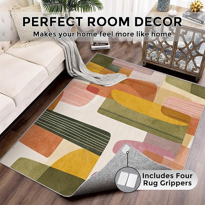 6x9 Mid Century Modern Rugs for Bedroom Decor, Washable Abstract Geometry Pattern Area Rug, Living Room Home Decoration, Non Slip Soft Thin, Boho Decor Carpet PF-P 117