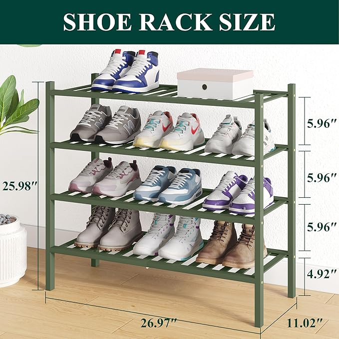 Smiry Bamboo Shoe Rack for Closet, 4 Tier Wooden Stackable Shoe Organizer, Free Standing Shoes Storage Shelf for Entryway, Front Door Entrance, Green