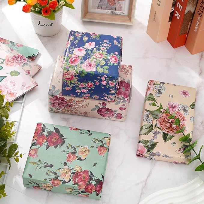 Whaline 12 Sheet Floral Wrapping Paper Vintage Flower Gift Wrap Paper Retro Decorative Art paper for Spring Wedding Baby Shower Birthday DIY Crafts Gift Packing, 19.7 x 27.6 Inch, Folded Flat