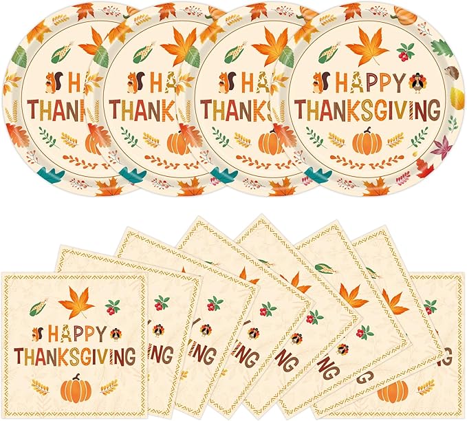 40 Pcs Thanksgiving Plates and Napkins Party Supplies, Give Thanks Paper Plates Napkins Disposable Tableware Set for Autumn Fall Thanksgiving Party Decorations