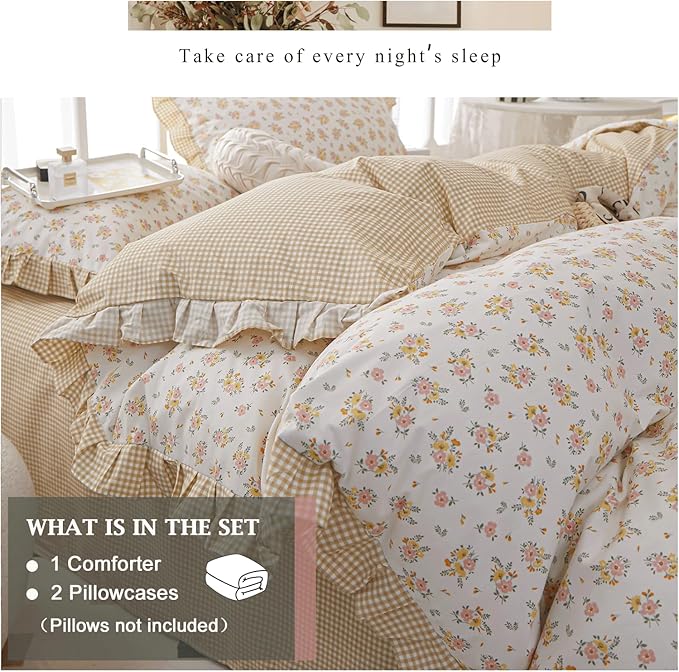 VM VOUGEMARKET Reversible Ruffle Comforter Set Queen,3 Pieces Shabby Chic Coquette Cottagecore Yellow Pink Flower Comforter with 2 Lace Pillow Shams,Queen Size