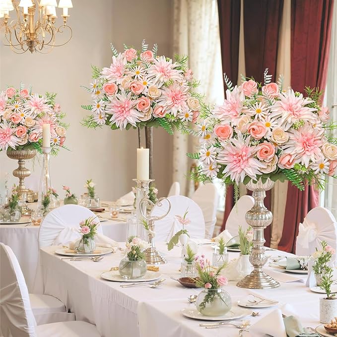 2PCS Artificial Flowers Dahlia Bouquet Fake Flowers Pink Silk Roses Daisies Faux Floral Arrangements for Dining Table Centerpieces for Kitchen Bridal Bouquet Wedding Party Home Decor