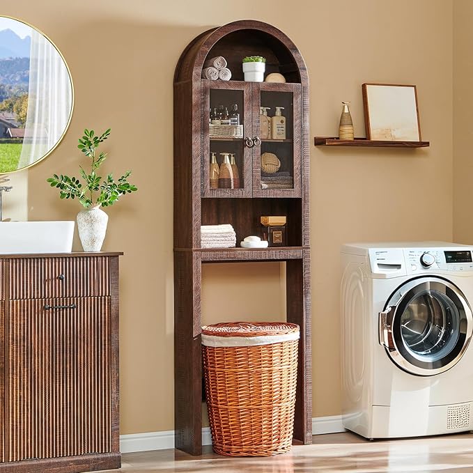 IFGET Arched Over The Toilet Storage Cabinet with Acrylic Doors, Modern Over Toilet Bathroom Organizer Shelf, Small Wooden Bathroom Storage Cabinet with Adjustable Shelf, Space Saver, Dark Walnut
