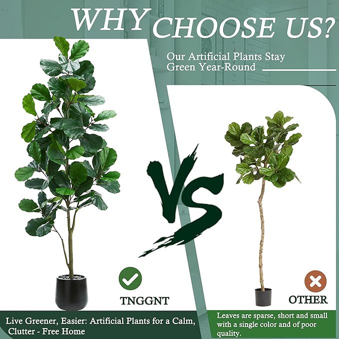 Artificial Fiddle Leaf Fig Tree：7FT Tall Faux Ficus Lyrata Plant Fake Fig Trees Realistic Green Silk Large Leaves with Natural Trunks & Pebbles in Black Planter for Indoor Outdoor Office Home.