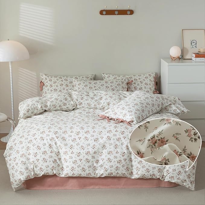 VM VOUGEMARKET King Comforter Set,Pink Flower Bedding Set Natural Botanical Style,1 Floral Comforter and 2 Pillowcases with Bowknot for Girls Women(3pcs,King)