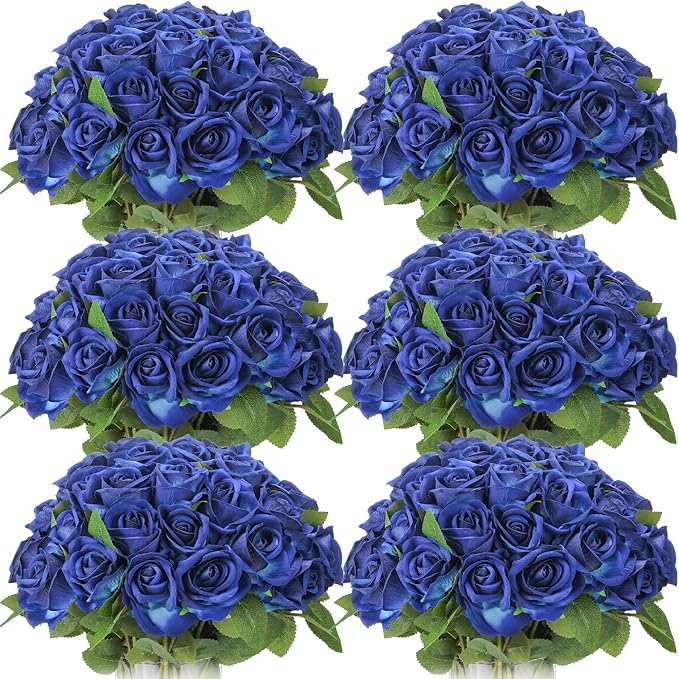Jexine 50 Pcs Artificial Rose Flower Bulk Realistic Silk Fake Roses with Long Stem Plastic Artificial Flower Bouquet Real Looking for Home Wedding Centerpieces Party Decoration(Blue)