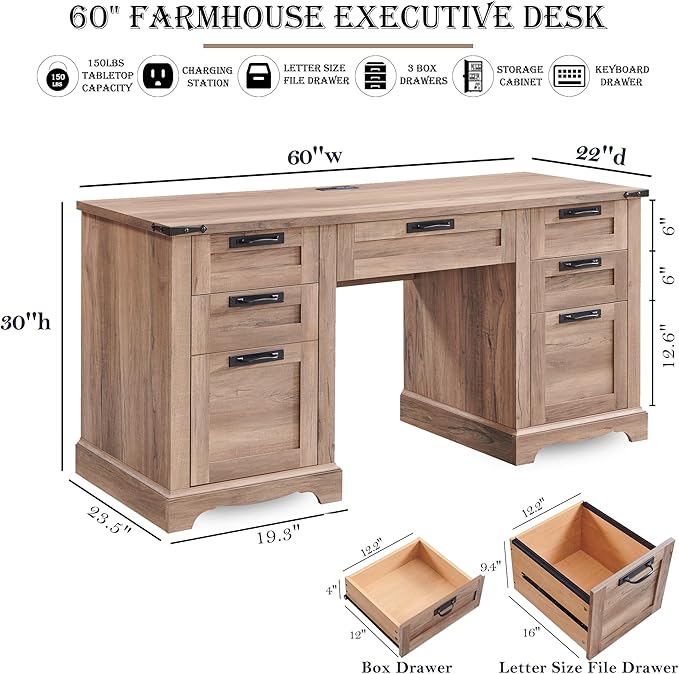 RedLemon 60" Farmhouse Executive Desk, Home Office Desk with Drawers, Charging Station, Keyboard Tray, File Drawer, Storage Cabinet, Wood Rustic Computer Writing Desk (Natural Oak)