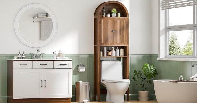 Arched Over The Toilet Storage Cabinet with Fluted Doors, 4 Tier Small Bathroom Shelf Organizer, Mid Century Modern Bathroom Cabinet with Adjustable Shelf, Slim Narrow Arch Toilet Rack, Walnut
