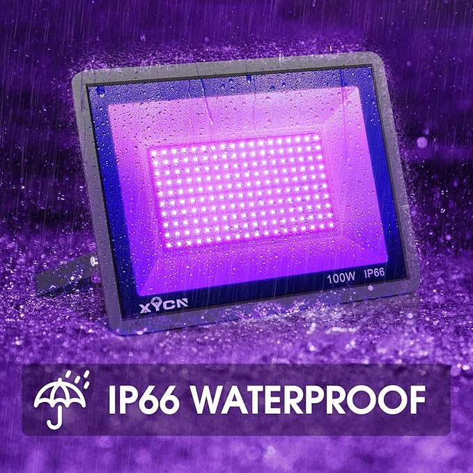 4 Pack 100W LED Black Lights, Blacklight Flood Light with Plug and Switch, 120VAC IP66 Waterproof Blacklight for Halloween Party, Glow in The Dark, Stage Light, Body Paint, Neon Glow