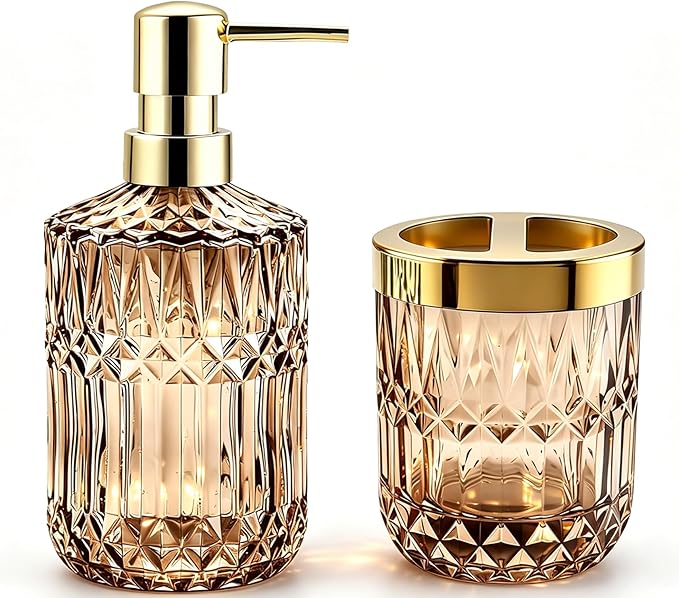 2Pcs Brown Bathroom Accessories Set, Glass Bathroom Accessories, Vintage Bathroom Countertop Decoration Includes Soap Dispenser, Toothbrush Holder