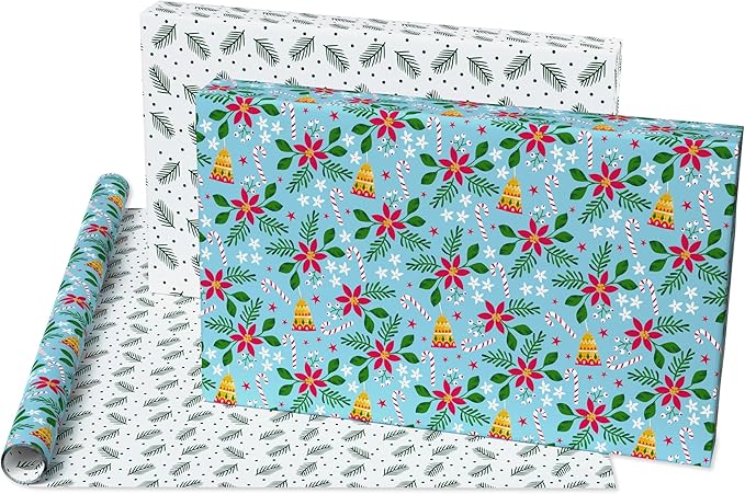American Greetings Reversible Poinsettia Christmas Wrapping Paper Roll, Christmas Floral Holiday Gift Wrap (60 sq. ft., 1 Standard Roll Wrap-30 in. x 24 ft.) Papel de Regalo de Navidad