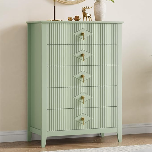 GarveeHome Fluted Dresser for Bedroom, 42.9" Tall 5-Drawer Wood Dresser, Modern Chest of Drawers, Storage Organizer Cabinet for Living Room, Hallway, Entryway, Green