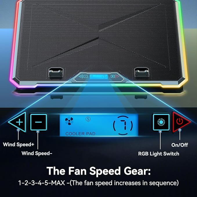 Gaming Laptop Cooler with 13 Ultra Quiet Fans, LCD Screen and Multi Color RGB - 10 Lighting Modes, 9 Adjustable Heights, Dual USB Ports, Built in Phone Holder for 15 to 21 Inch Laptops on Desk or Lap