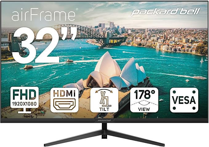 Packard Bell airFrame 32" FHD Monitor, 1920x1080, Ultrawide, VESA Mount Compatible, Tilt Adjustment, HDMI/VGA, Slim Bezel, for Home, Office, and Light Gaming
