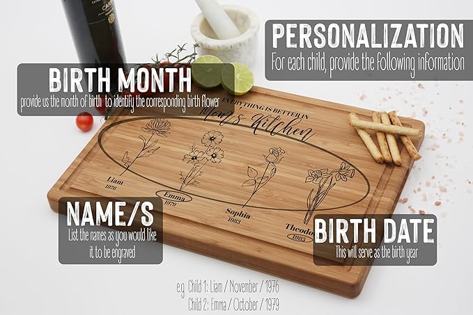 Personalized Birth Flower Cutting Board, Mom or Grandma, Custom Mom Gifts for Christmas, Mother’s Day, Birthday from Daughter, Son, Grandkids, Personalized Birth Month Flower Mothers Garden Gifts