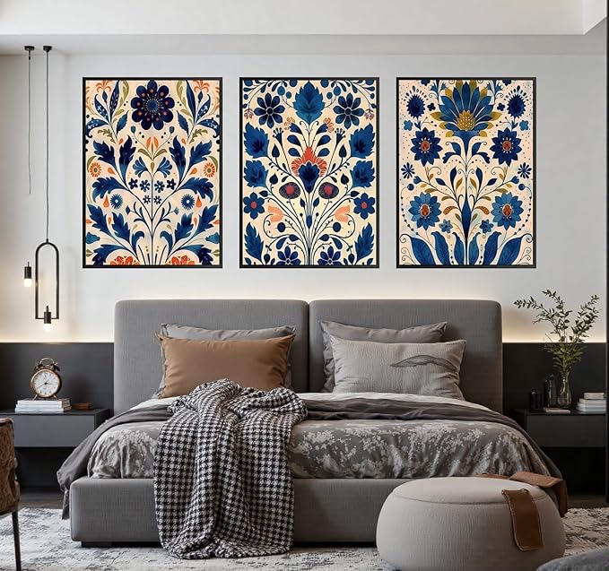 3 Pcs Blue Boho Flower Canvas Wall Art, Floral Painting Poster Wall Decor,Wildflower Botanical Picture for Wall Living Room Bathroom Bedroom Home Decoration 16 * 24 in (Poster no Framed)