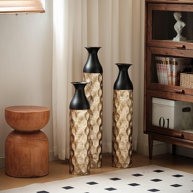 Metal Floor Vases Decorative, Set of 3 Flower Arrangement Stand, Metal Decorative Vase Tall Distressed Metallic Centerpiece Vases with 3D Triangle Pattern, 33.8", 29", 24.8" H (Black1＆Gold1)