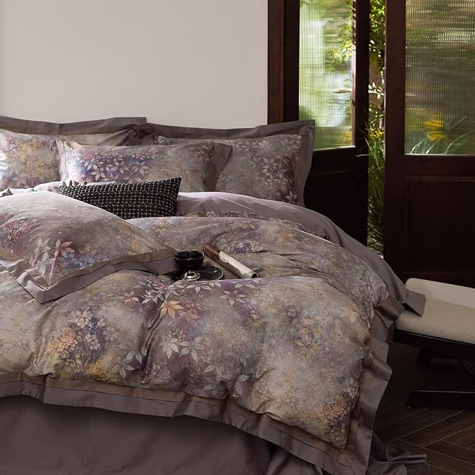 mixinni Vintage Floral Duvet Cover Set - Queen Size, 100% Long Staple Cotton Percale, Reversible Purple Floral Bedding Set with Zipper Closure, 3-Piece Luxury Duvet Cover with 2 Pillow Shams (20"x26")