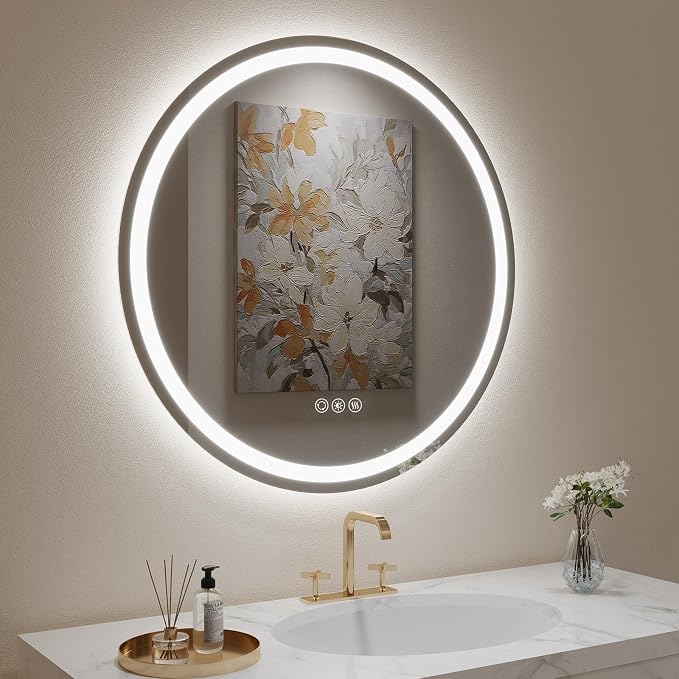 LOVESPEJO 32" Round LED Bathroom Mirror with Lights, Circle LED Mirror for Bathroom, Fogless, Dimmable, 3 Color Changing, Shatterproof
