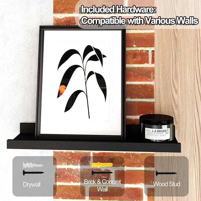 Small Black Floating Shelves for Wall Decor, Wall Mounted Wood Shelf for Bedroom, Living Room, Bathroom, Kitchen, Nursery, Display Ledge Shelf with Lip Set of 2-8 Inches, Black