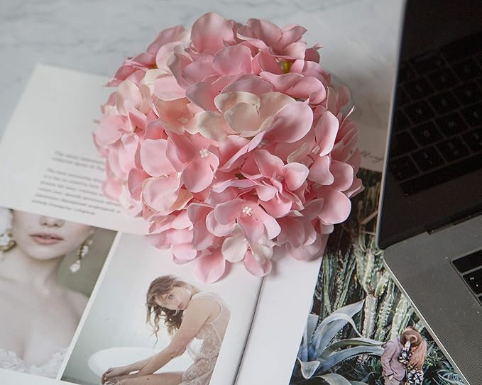 DuHouse Hydrangea Silk Flowers Artificial Flowers with Stem Fake Flower Heads for Wedding Centerpiece Home Decor Pack of 6 (Pink)