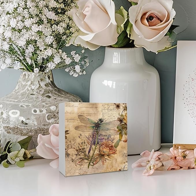 Vintage Dragonfly Flower Wooden Box Sign Desk Decor, Dragonfly Decor, Dragonfly Gifts for Women, Dragonfly Decorative Box Signs Decor for Bathroom Home Office,Retro Floral Desk Decor 5x5Inch