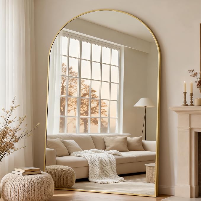 Dewfig Arched Full Length Mirror, 86"x46" Large Floor Mirror with Stand, Oversized Full Body Mirrors for Standing/Leaning/Hanging, Wall Mounted Mirrors for Bedroom, Living Room,Dressing Room, Gold