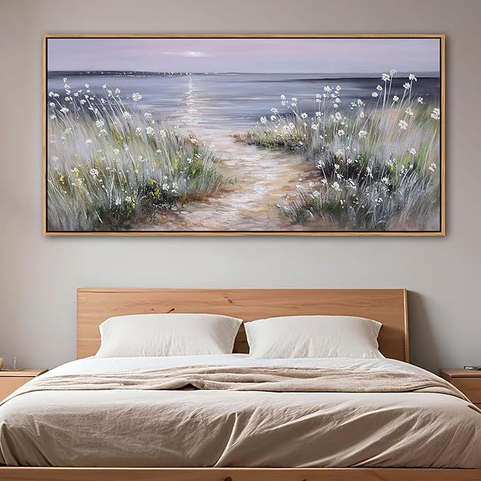 KLAKLA Bedroom Decor Wall Art Blue Beach Picture Ocean Theme Flower Canvas Print Modern Coastal Seascape Painting Framed Seaside Artwork Floral Daisy for Home Sea Lake Living Room 29x58 Inch
