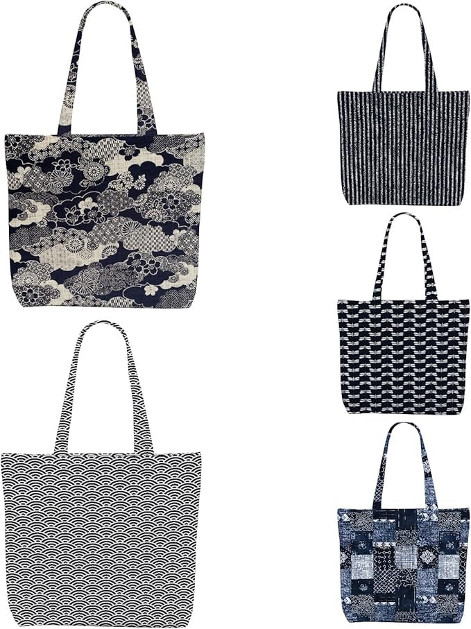 Decohim Multiple Packs Floral Japanese Print Canvas Tote Bag Reusable Grocery Bags Gifts for Women Girls Birthday Christmas