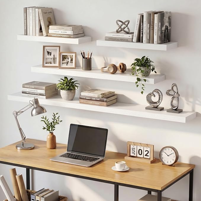 Dreamland 32inch Floating Shelves for Wall, Rustic White Floating Shelves for Bathroom|Bedroom|Kitchen, Deep Wall Mounted Book Shelf, Wood Storage Display Shelf for Home Decor, Set of 2