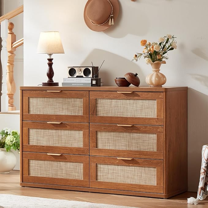 LEYAOYAO Rattan 6 Drawer Dresser for Bedroom, 48" Wide Boho Chest of Drawers, Wooden Dressers TV Stand with Metal Handle, Storage Closet Organizer for Living Room, Hallway, Tea Brown