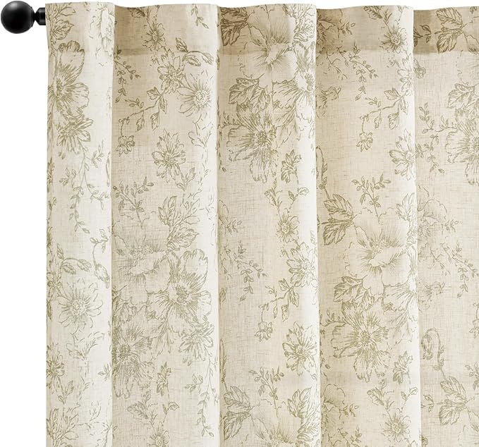 jinachan Linen Blend Floral Curtains for Living Room 45 Inch Length Christmas Sage Green Printed Curtain Rod Pocket Back Tab Farmhouse Peony Flower Patterned Drapes Bedroom Curtains Set 2 Panels