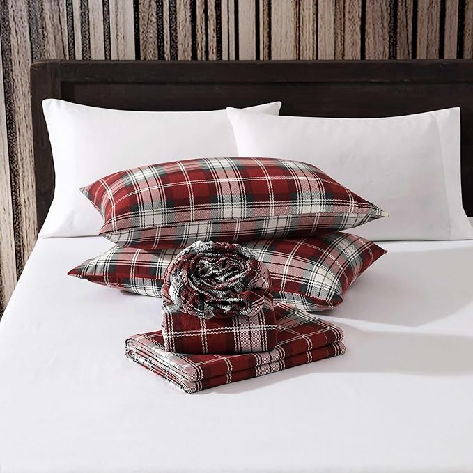 Eddie Bauer - Full Bed Sheets, Cotton Flannel Bedding Set with Matching Pillowcases, Brushed for Extra Softness, Deep Pocket, Oeko-Tex Certified (Heartland Plaid Red)