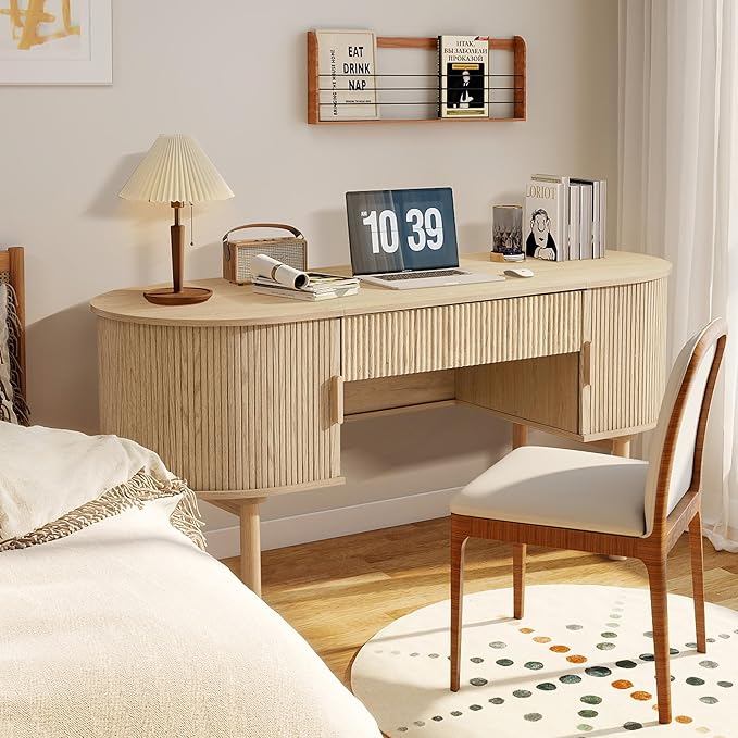 ORRD Home Office Oval Desk with Sliding Tambour Door and Drawer, Modern Fluted Wood Executive Computer Storage Desk for Study, Living Room, Bedroom, Office - Natural