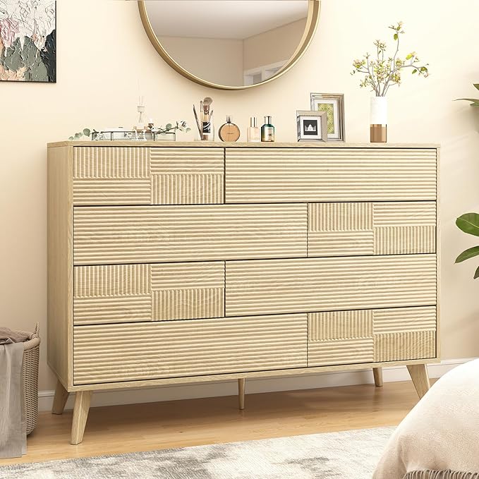 Hadulcet Wood Dressers for Bedroom 34” Tall, Large 8 Drawer Dresser TV Stand, Modern Chest of Drawers for Closet Clothes Storage Organizer with Fluted Panel, No Handles Design, Natural Oak