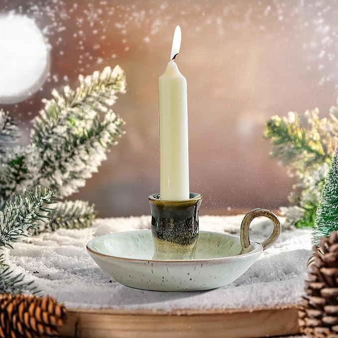 Candle Holder Ceramic Candlestick Holder, Candlelight Stand for Spell Candles, Taper Candles, and Incense, Halloween Christmas Dining Room Home Decoration Display-White and Green