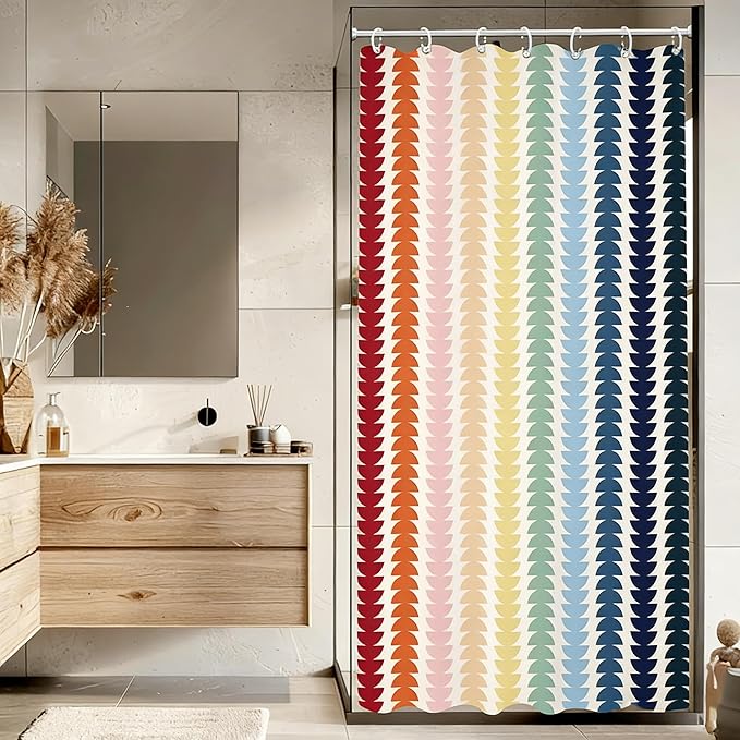Modern Geometric Shower Curtain, Vintage Rainbow Mid-Century Abstract Art Design Bath Curtains for Bathroom, Colorful Semicircular Pattern Waterproof Polyester Fabric Bathroom Set 12 Hooks 36X72IN